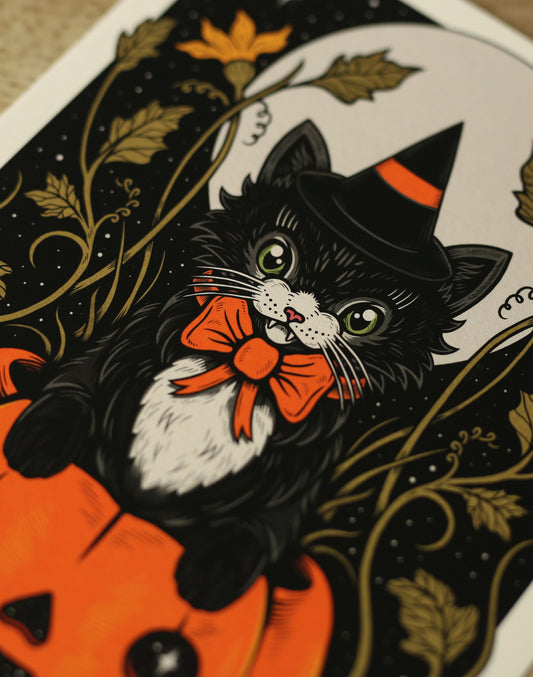 Pumpkin Cat | Fine Art Print | Vintage Style Halloween Art