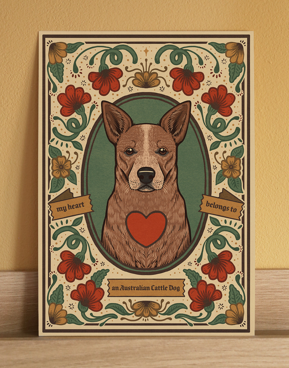 An Australian Cattle dog art print, a cute floral artwork for a pet owner or dog lover