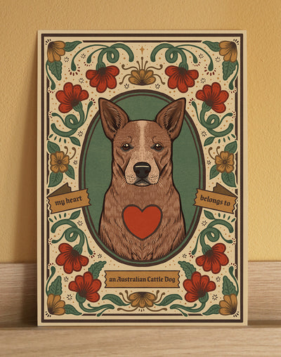 An Australian Cattle dog art print, a cute floral artwork for a pet owner or dog lover