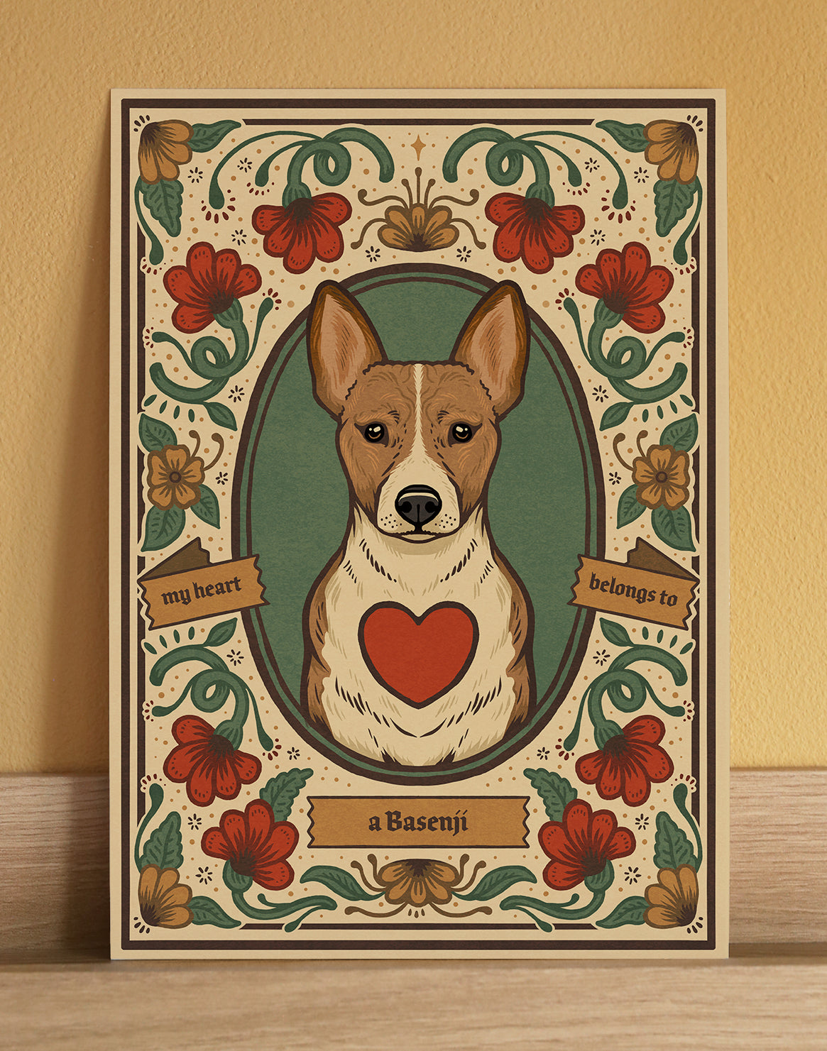 An illustrated art print featuring a Basenji dog, a cute gift for a dog lover or pet owner