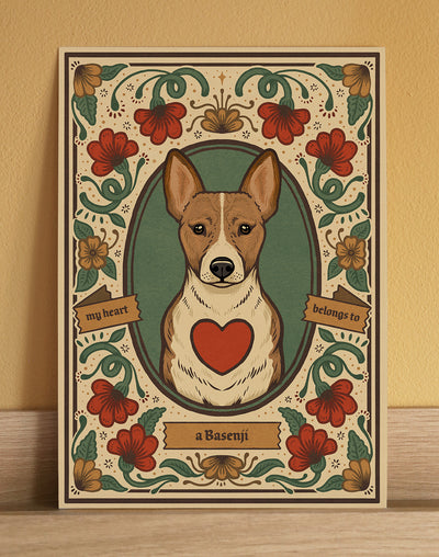 An illustrated art print featuring a Basenji dog, a cute gift for a dog lover or pet owner
