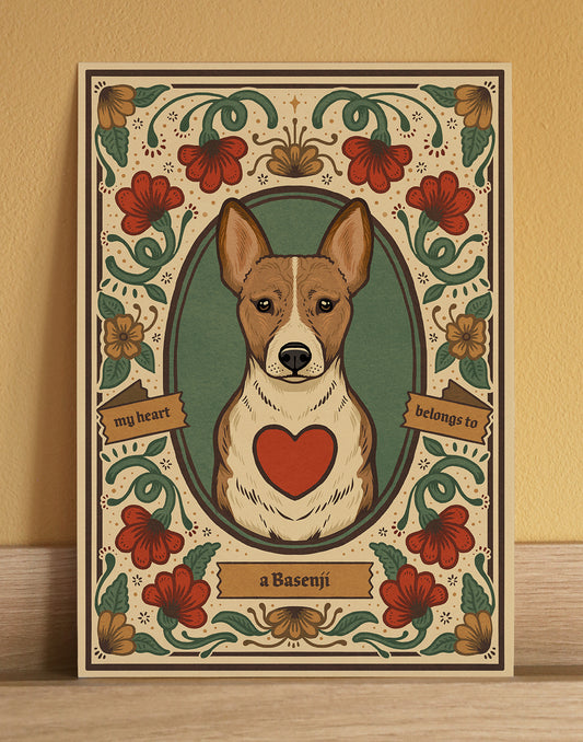 An illustrated art print featuring a Basenji dog, a cute gift for a dog lover or pet owner