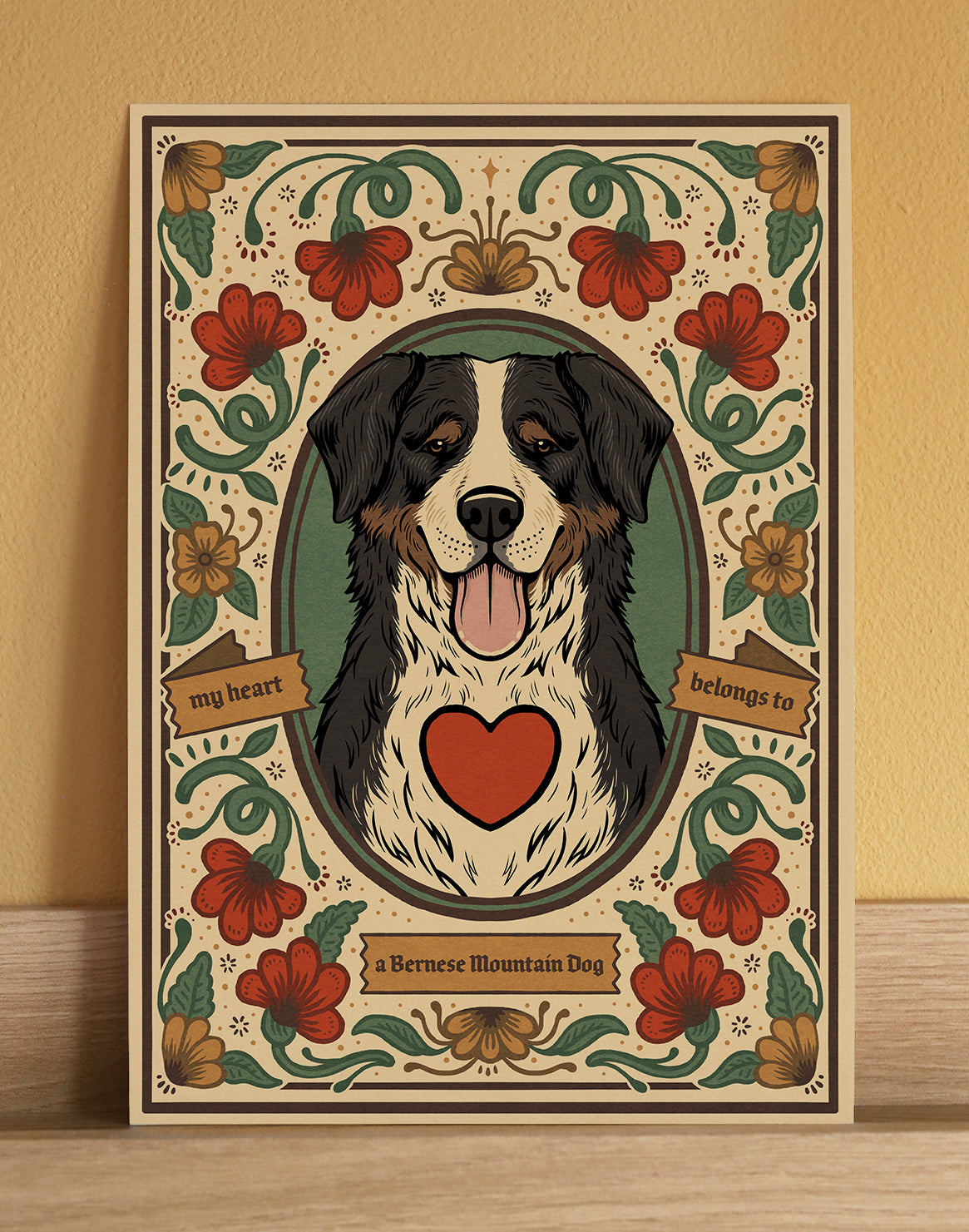 A fine art print featuring a Bernese Mountain Dog. A cute, unique gift for a dog lover 
