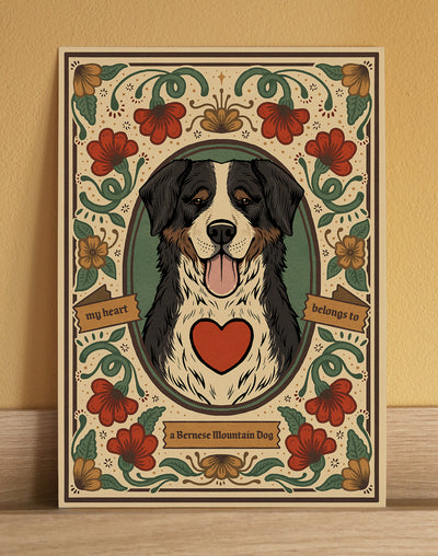 A fine art print featuring a Bernese Mountain Dog. A cute, unique gift for a dog lover 