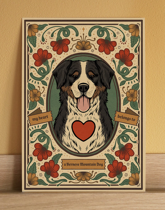 A fine art print featuring a Bernese Mountain Dog, a cute gift for a dog lover with warm tones and a decorative floral border