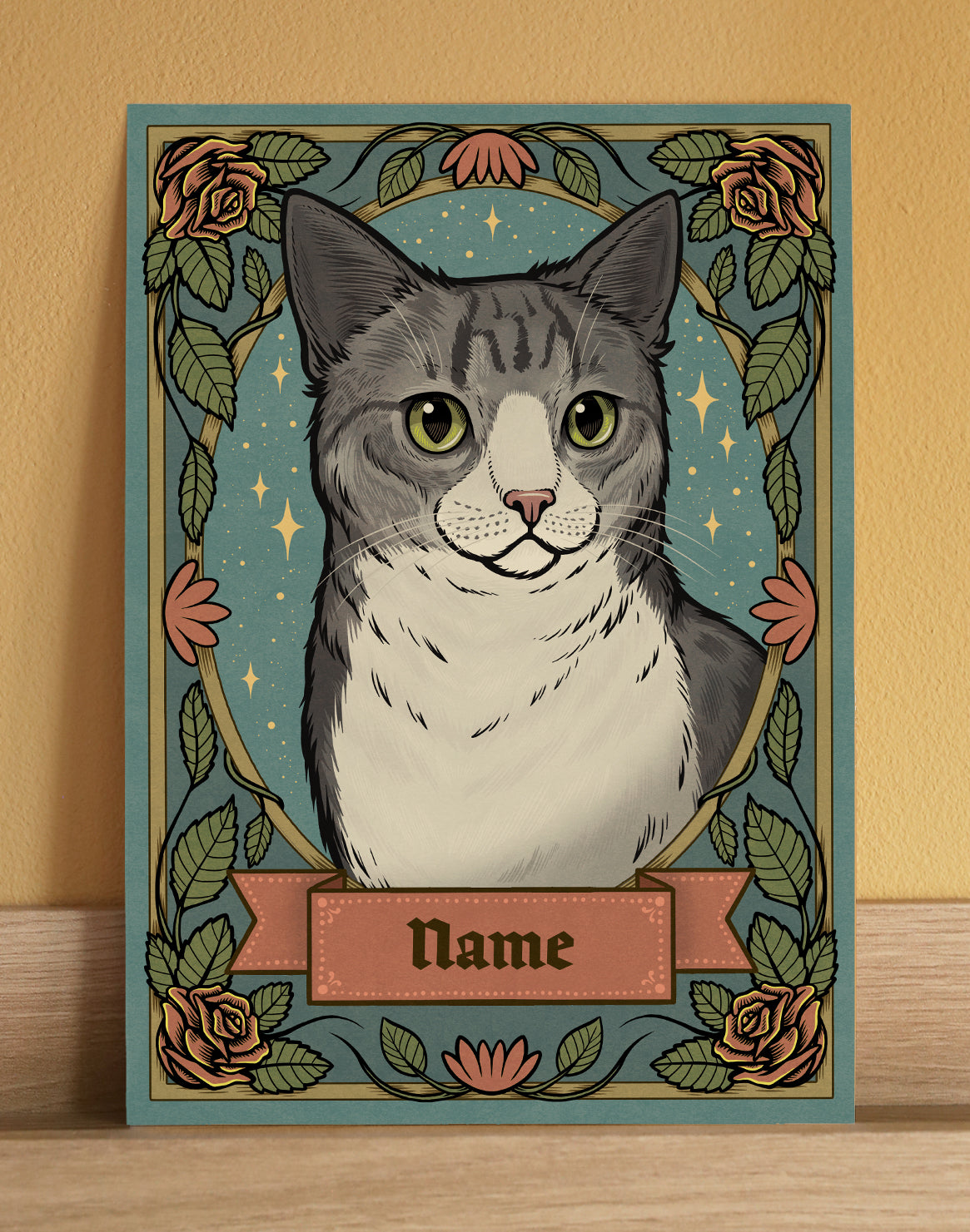 Grey and White Tabby Cat | Add Your Own Custom Pet Name | Fine Art Print