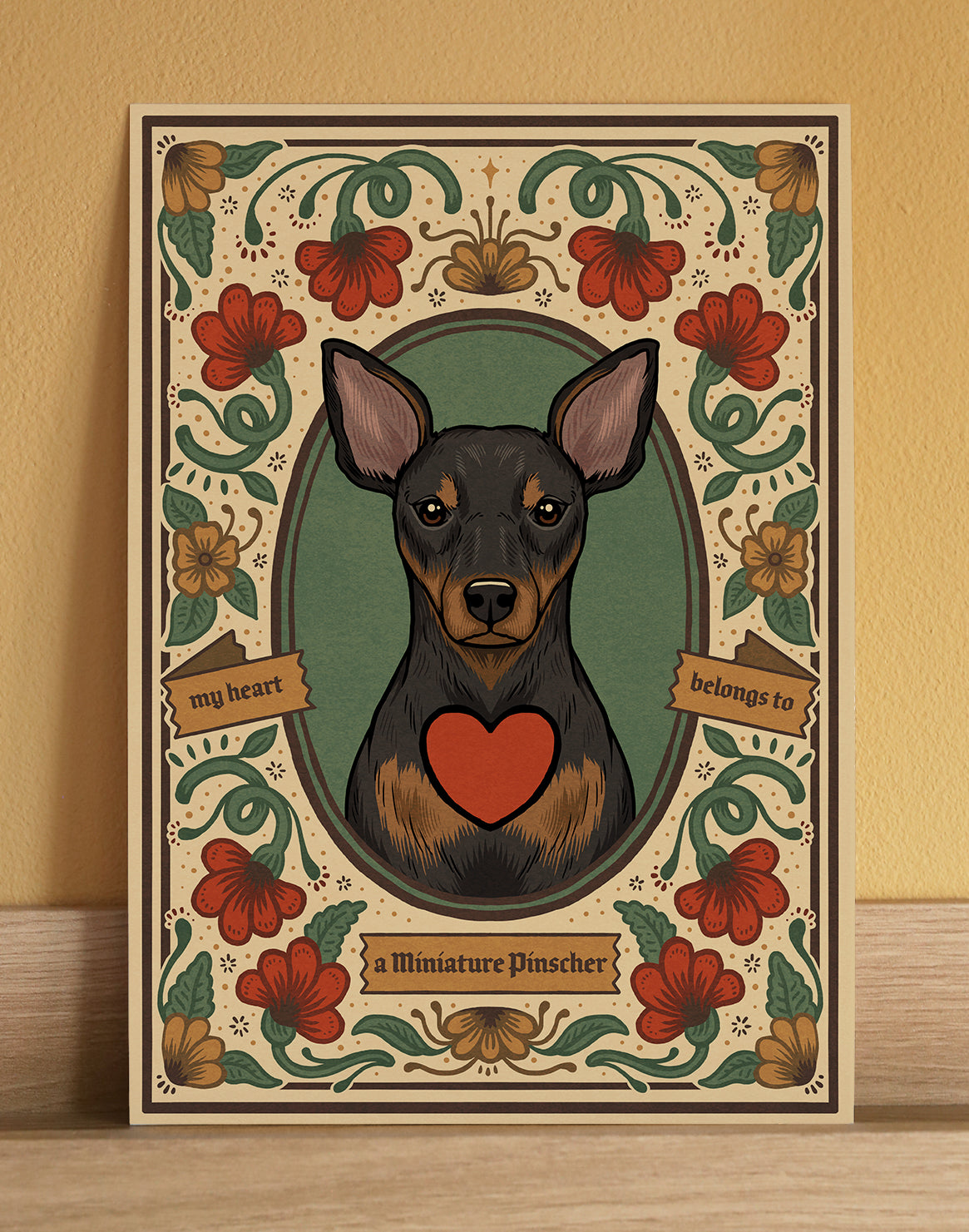 A Miniature Pinscher art print, an illustrated portrait of a Min Pin with a retro feel. A cute gift for a dog lover