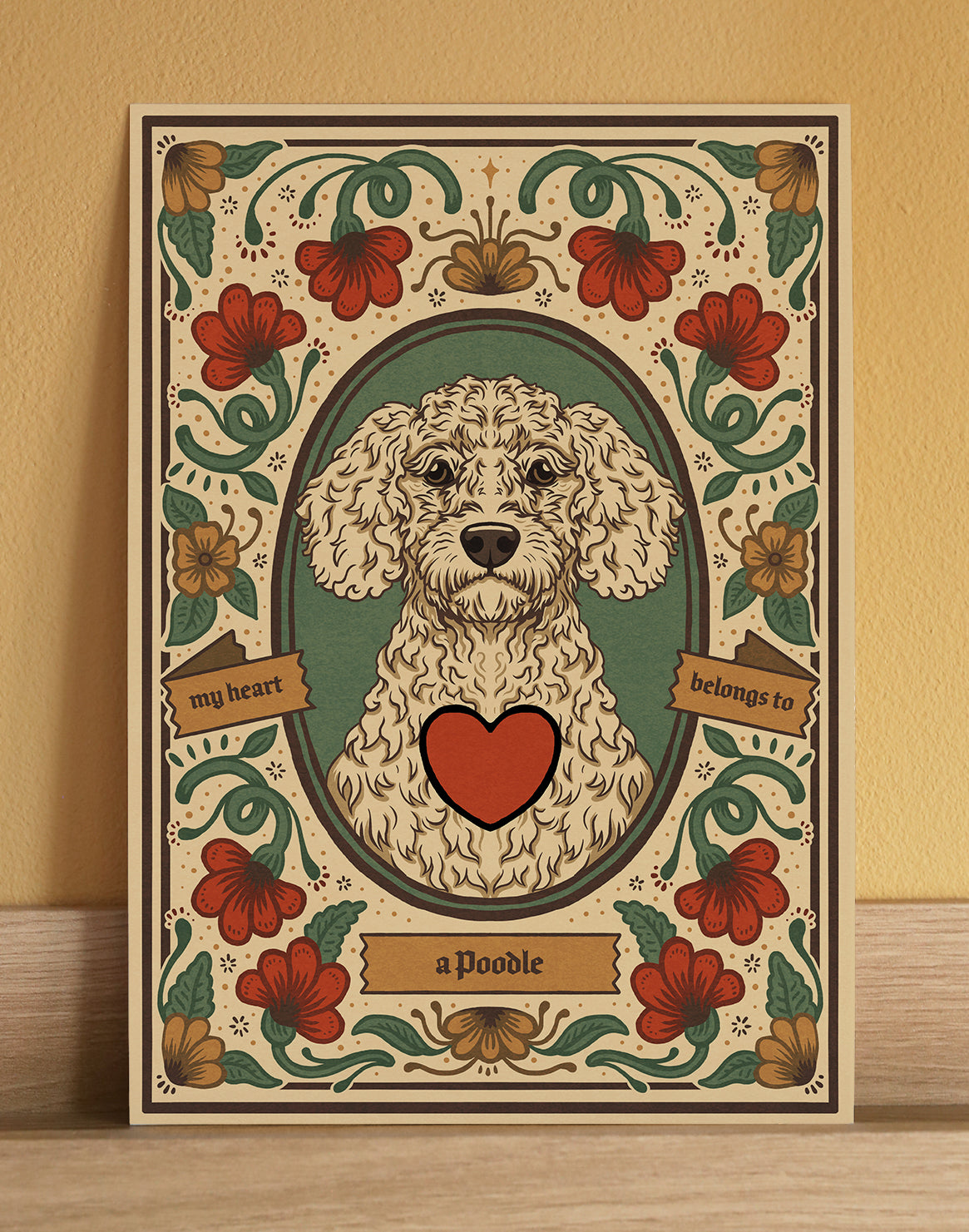 A Giclée fine art print featuring a Poodle dog, a cute floral artwork for a pet owner or dog lover