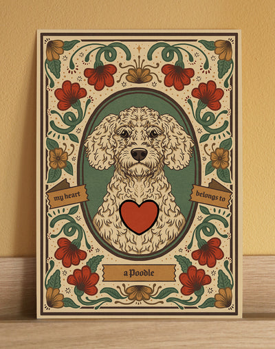 A Giclée fine art print featuring a Poodle dog, a cute floral artwork for a pet owner or dog lover