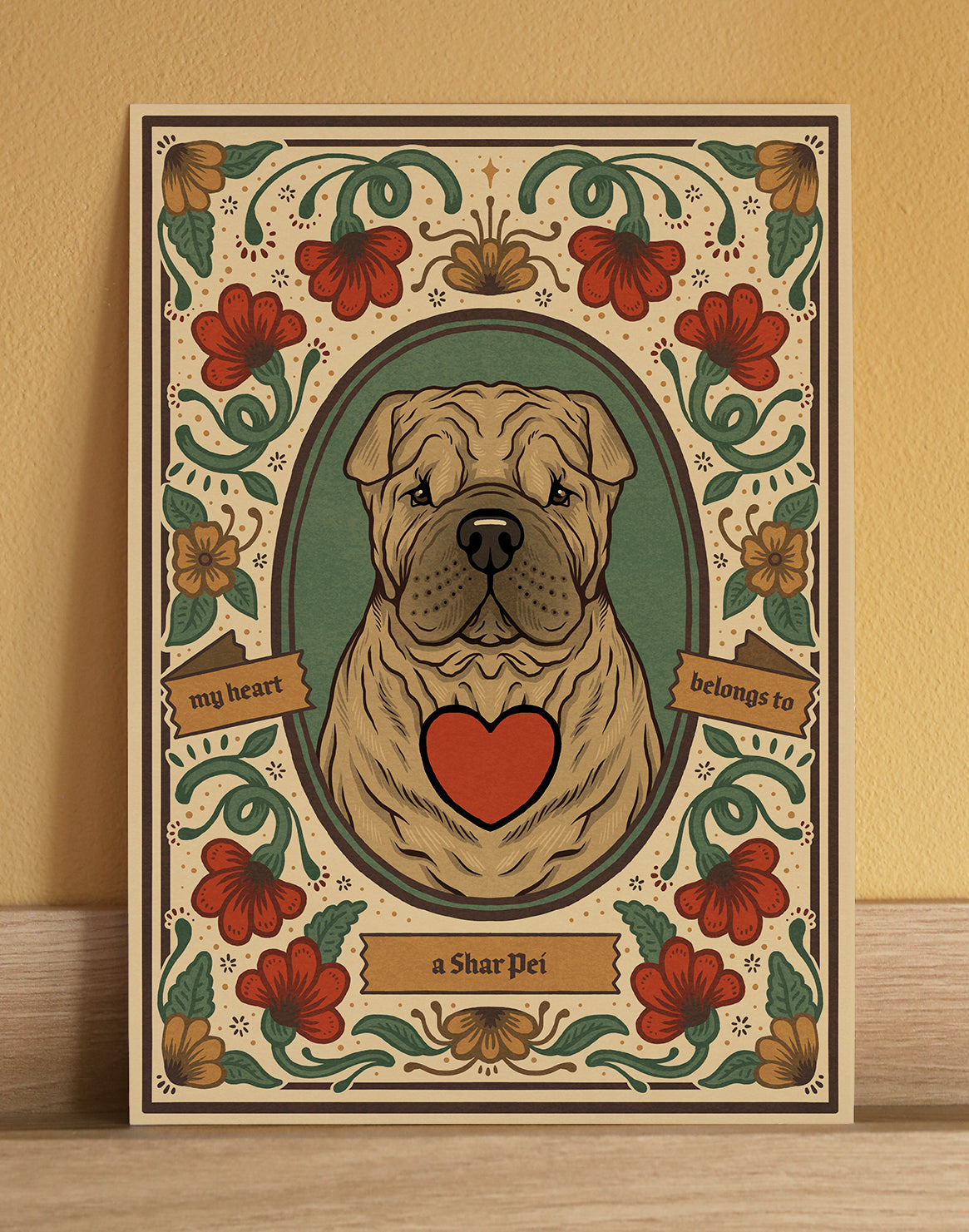 A fine art print featuring a Shar Pei dog, a cute floral artwork for a pet owner or dog lover