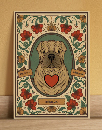 A fine art print featuring a Shar Pei dog, a cute floral artwork for a pet owner or dog lover