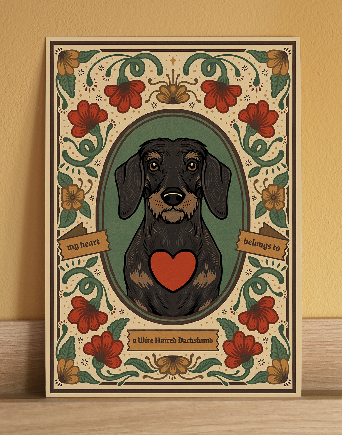 Wire Haired Dachshund fine art print, featuring a cute illustrated dog portrait with a decorative floral border. A cute gift for a dog lover