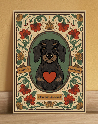 Wire Haired Dachshund fine art print, featuring a cute illustrated dog portrait with a decorative floral border. A cute gift for a dog lover